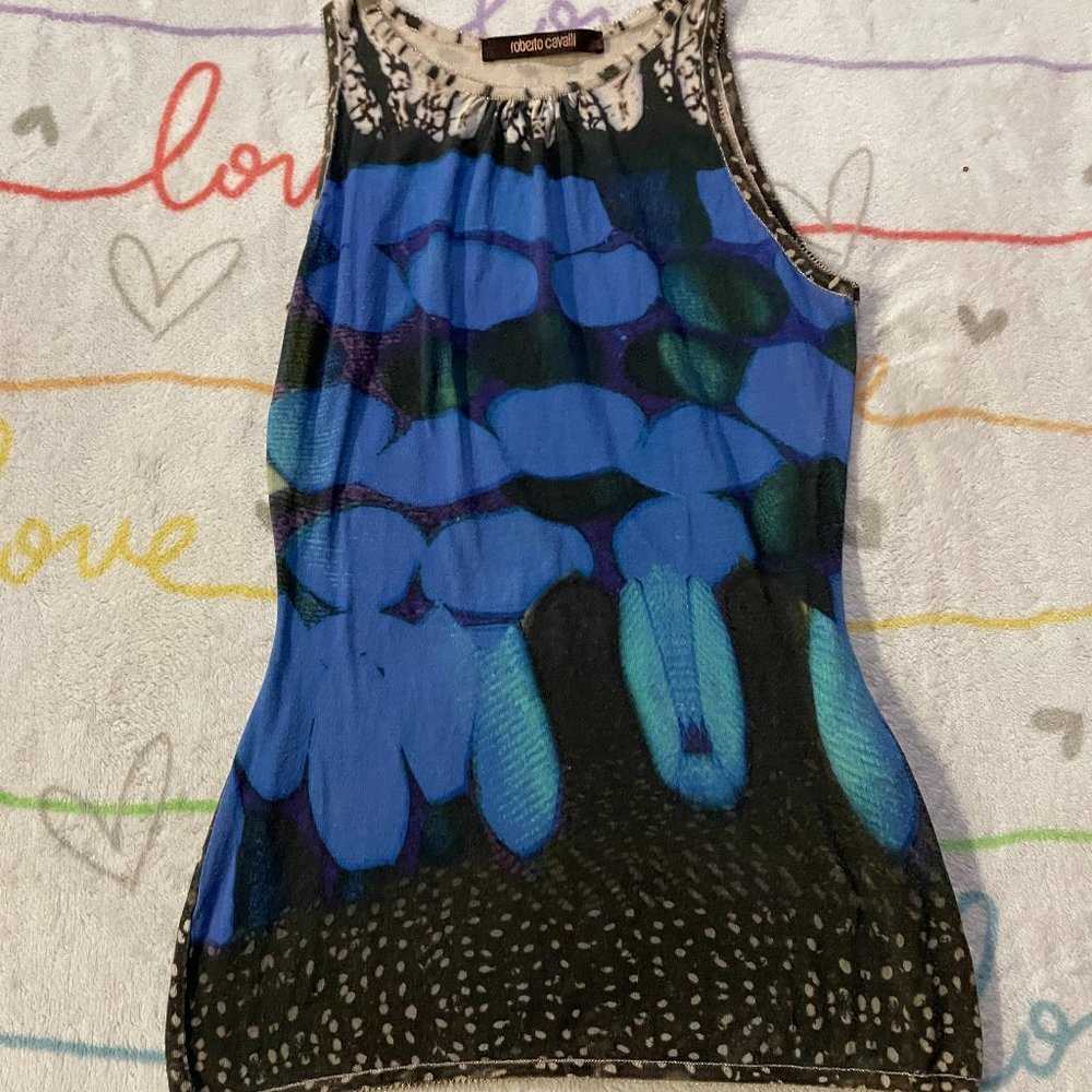 Roberto Cavalli Blue and Black Short Sleeve Top